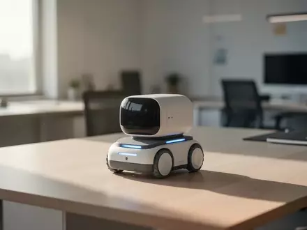 Ein kleiner, minimalistischer Roboter auf einem hellen Holztisch in einem modernen Büro bei Tageslicht. - Foto: über boerse-global.de