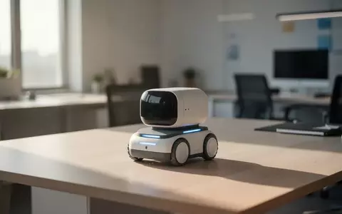 Ein kleiner, minimalistischer Roboter auf einem hellen Holztisch in einem modernen Büro bei Tageslicht. - Foto: über boerse-global.de