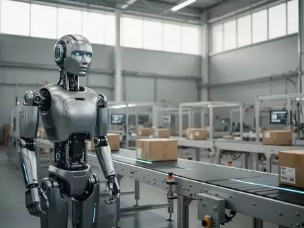 Ein humanoider Roboter an einem Förderband in einer modernen Industriehalle zur automatisierten Paketsortierung. - Foto: über boerse-global.de