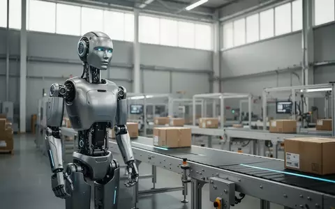 Ein humanoider Roboter an einem Förderband in einer modernen Industriehalle zur automatisierten Paketsortierung. - Foto: über boerse-global.de
