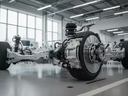 Nahaufnahme einer hochmodernen, aktiven Radaufhängung eines Elektro-SUVs in einer hellen Werkstattumgebung. - Foto: über boerse-global.de