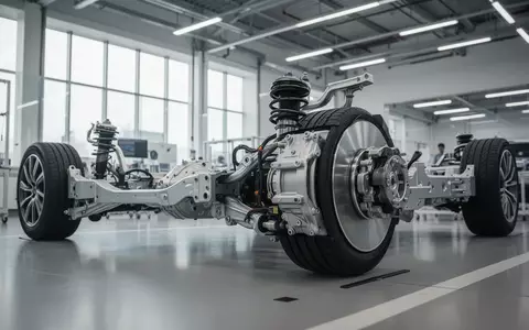 Nahaufnahme einer hochmodernen, aktiven Radaufhängung eines Elektro-SUVs in einer hellen Werkstattumgebung. - Foto: über boerse-global.de
