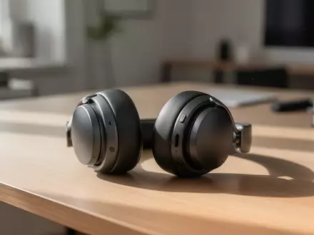 Ein Paar moderne Over-Ear-Kopfhörer auf einem minimalistischen Holztisch in einem hellen Büro. - Foto: über boerse-global.de