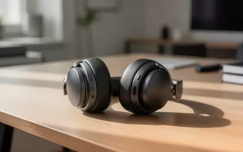 Ein Paar moderne Over-Ear-Kopfhörer auf einem minimalistischen Holztisch in einem hellen Büro. - Foto: über boerse-global.de
