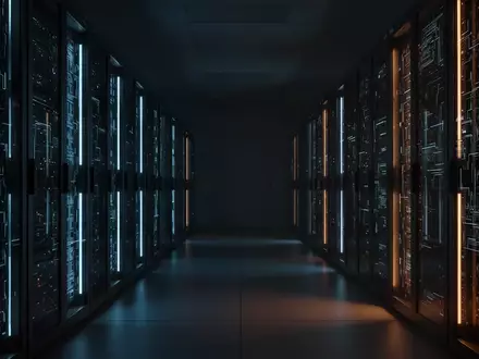 Dunkler Serverraum mit leuchtenden Serverschränken in einem modernen Rechenzentrum als Symbol für Cybersicherheit. - Foto: über boerse-global.de