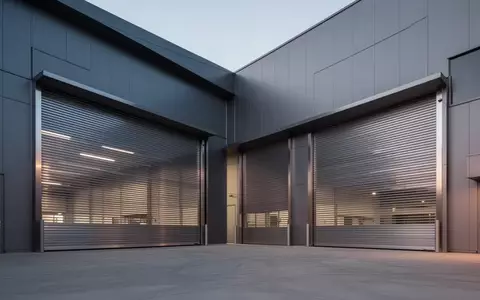 Geschlossene Industrietore eines modernen Fabrikgebäudes in der Abenddämmerung. - Foto: über boerse-global.de