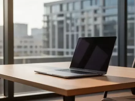 Ein moderner, minimalistischer Arbeitsplatz mit einem Laptop auf einem Holztisch vor einem Fenster mit Stadtblick. - Foto: über boerse-global.de