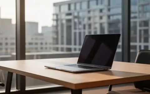 Ein moderner, minimalistischer Arbeitsplatz mit einem Laptop auf einem Holztisch vor einem Fenster mit Stadtblick. - Foto: über boerse-global.de