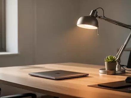 Ein minimalistischer, moderner Schreibtisch mit einem geschlossenen Laptop und einer Schreibtischlampe in hellem Licht. - Foto: über boerse-global.de