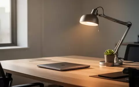 Ein minimalistischer, moderner Schreibtisch mit einem geschlossenen Laptop und einer Schreibtischlampe in hellem Licht. - Foto: über boerse-global.de
