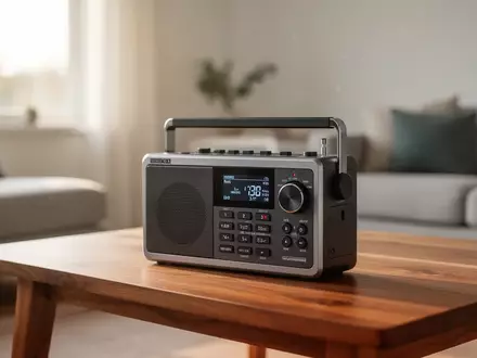 Ein moderner Digitalradio-Empfänger auf einem Holztisch in einem hellen, minimalistischen Wohnraum. - Foto: über boerse-global.de