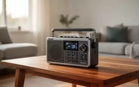 Ein moderner Digitalradio-Empfänger auf einem Holztisch in einem hellen, minimalistischen Wohnraum. - Foto: über boerse-global.de