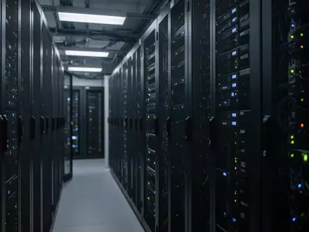 Dunkler Serverraum einer Behörde mit beleuchteten Serverracks in einer modernen IT-Infrastruktur. - Foto: über boerse-global.de