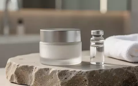 Hochwertige Hautpflegeprodukte auf einer Steinoberfläche in einem hellen, minimalistischen Badezimmer. - Foto: über boerse-global.de