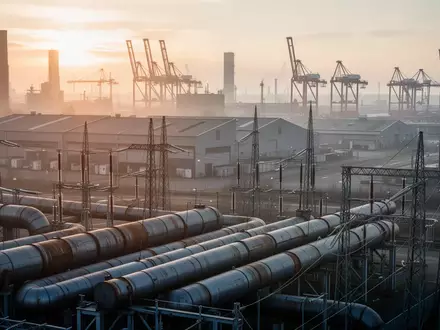 Industriehafen in Gelsenkirchen mit sichtbaren Versorgungsleitungen und Hafenkranen vor einer Industriekulisse. - Foto: über boerse-global.de