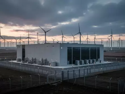 Ein modernes Rechenzentrum in einer Industrielandschaft mit Windkraftanlagen im Hintergrund bei Dämmerung. - Foto: über boerse-global.de
