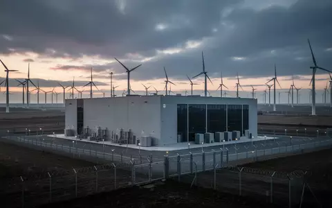 Ein modernes Rechenzentrum in einer Industrielandschaft mit Windkraftanlagen im Hintergrund bei Dämmerung. - Foto: über boerse-global.de