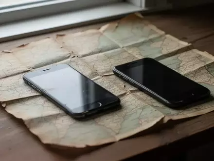 Eine gefaltete Landkarte aus Papier liegt neben einem dunklen Smartphone auf einem Holztisch. - Foto: über boerse-global.de