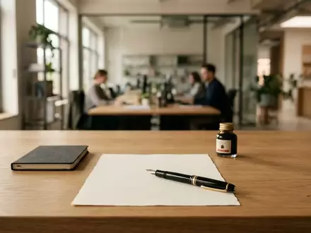 Ein minimalistischer Schreibtisch mit einem Füllfederhalter auf einem leeren Blatt Papier in einem hellen Büro. - Foto: über boerse-global.de