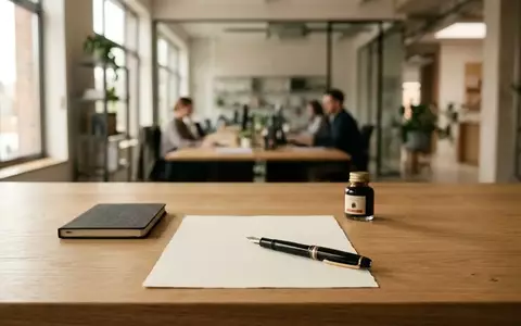 Ein minimalistischer Schreibtisch mit einem Füllfederhalter auf einem leeren Blatt Papier in einem hellen Büro. - Foto: über boerse-global.de
