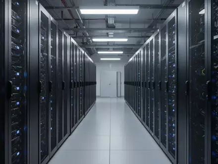 Reihen von Server-Racks in einem modernen Rechenzentrum mit blauer Beleuchtung. - Foto: über boerse-global.de