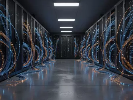Modernes Serverraum-Interieur mit blau leuchtenden Glasfaserkabeln und technischer Infrastruktur. - Foto: über boerse-global.de