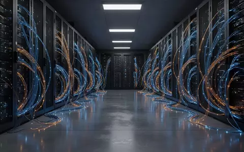 Modernes Serverraum-Interieur mit blau leuchtenden Glasfaserkabeln und technischer Infrastruktur. - Foto: über boerse-global.de