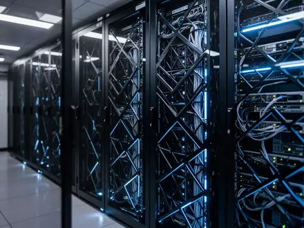 Modernes Rechenzentrum mit hochmodernen Server-Racks in kühler, blauer Beleuchtung. - Foto: über boerse-global.de