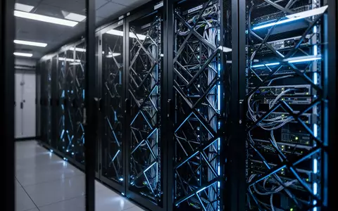 Modernes Rechenzentrum mit hochmodernen Server-Racks in kühler, blauer Beleuchtung. - Foto: über boerse-global.de
