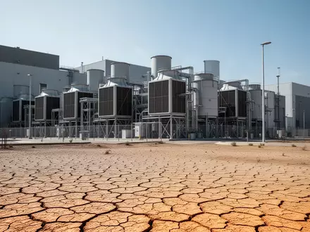 Ein modernes Rechenzentrum in einer ausgetrockneten, rissigen Landschaft unter klarem Himmel. - Foto: über boerse-global.de