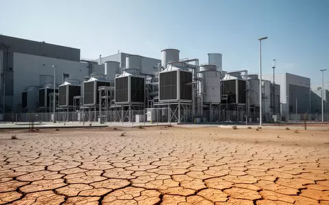 Ein modernes Rechenzentrum in einer ausgetrockneten, rissigen Landschaft unter klarem Himmel. - Foto: über boerse-global.de
