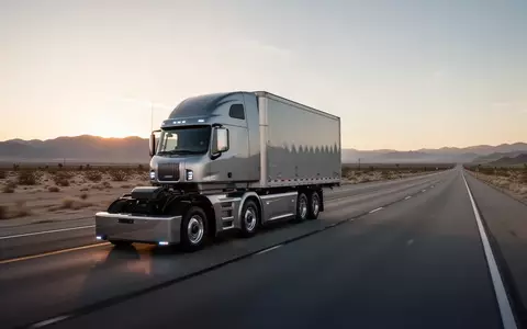Ein autonomer Schwerlast-LKW fährt auf einer sonnendurchfluteten kalifornischen Autobahn in einer weiten Wüstenlandschaft. - Foto: über boerse-global.de