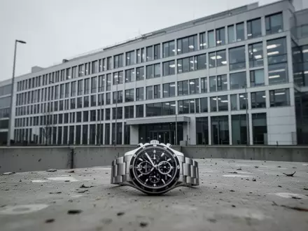 Eine luxuriöse Armbanduhr liegt auf einem Betonboden vor einem modernen Bürogebäude bei bewölktem Himmel. - Foto: über boerse-global.de