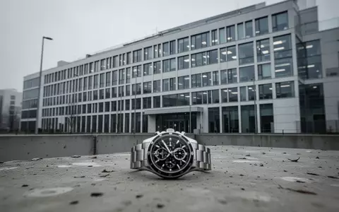 Eine luxuriöse Armbanduhr liegt auf einem Betonboden vor einem modernen Bürogebäude bei bewölktem Himmel. - Foto: über boerse-global.de