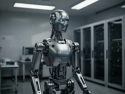 Ein humanoider Forschungsroboter in einem abgedunkelten, modernen Laborraum. - Foto: über boerse-global.de
