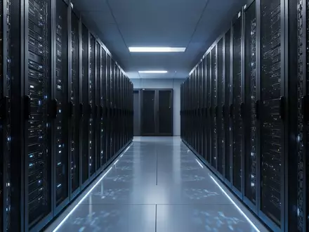 Moderne Server-Infrastruktur in einem klimatisierten Rechenzentrum mit blauer Beleuchtung. - Foto: über boerse-global.de