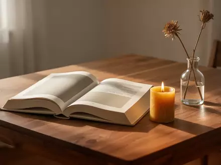 Ein offenes Buch und eine einzelne Blume auf einem Holztisch in einer ruhigen, hellen Umgebung. - Foto: über boerse-global.de