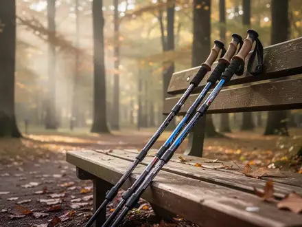 Nordic-Walking-Stöcke lehnen an einer Holzbank in einem sonnendurchfluteten Waldpark zur Prävention von Rückenschmerzen. - Foto: über boerse-global.de