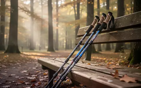 Nordic-Walking-Stöcke lehnen an einer Holzbank in einem sonnendurchfluteten Waldpark zur Prävention von Rückenschmerzen. - Foto: über boerse-global.de