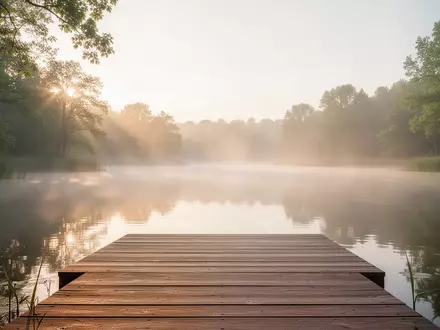 Eine ruhige Holzplattform an einem nebligen See in einer friedlichen Naturlandschaft bei Sonnenaufgang. - Foto: über boerse-global.de