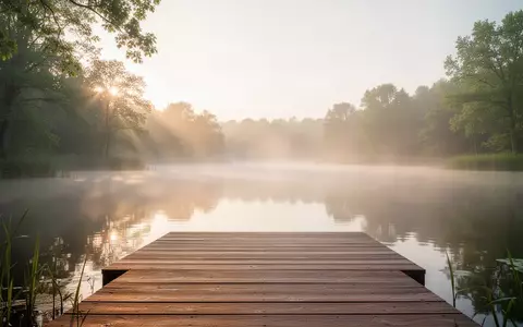 Eine ruhige Holzplattform an einem nebligen See in einer friedlichen Naturlandschaft bei Sonnenaufgang. - Foto: über boerse-global.de