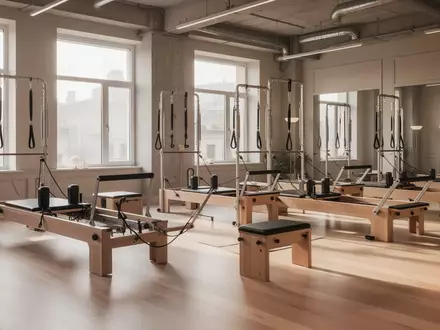 Heller, minimalistischer Pilates-Raum mit mehreren professionellen Reformer-Geräten in einer modernen Studio-Umgebung. - Foto: über boerse-global.de