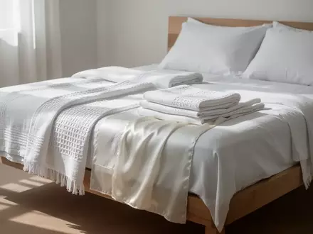 Hochwertige, ordentlich arrangierte Heimtextilien aus Baumwolle und Seide in einem hellen, minimalistischen Schlafzimmer. - Foto: über boerse-global.de