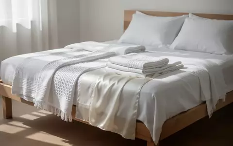 Hochwertige, ordentlich arrangierte Heimtextilien aus Baumwolle und Seide in einem hellen, minimalistischen Schlafzimmer. - Foto: über boerse-global.de