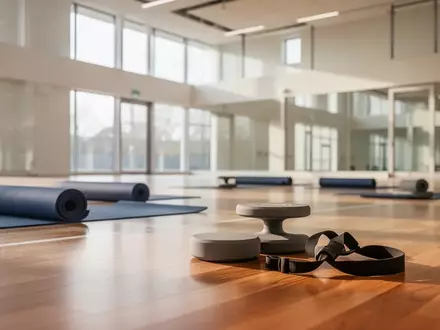 Aufgerollte Yogamatten und Sportutensilien in einer hellen, modernen Sporthalle bei Tageslicht. - Foto: über boerse-global.de