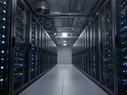 Reihen von hochmodernen Server-Racks in einem Rechenzentrum mit blauer Beleuchtung. - Foto: über boerse-global.de