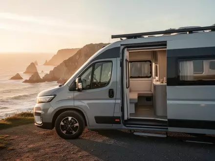 Elektrischer Campingbus geparkt an einer Küste bei Sonnenuntergang. - Foto: über boerse-global.de