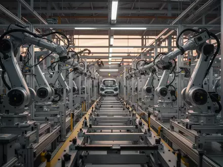 Leere, moderne Produktionshalle eines Automobilwerks mit Robotern und Montagelinien in einer ruhigen Industrieumgebung. - Foto: über boerse-global.de