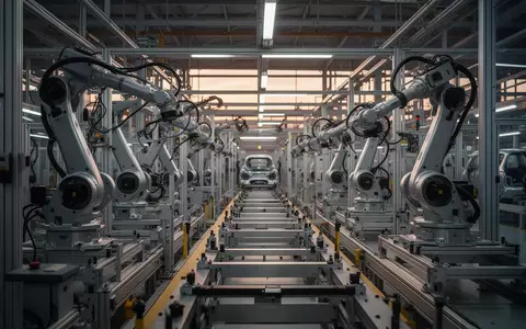 Leere, moderne Produktionshalle eines Automobilwerks mit Robotern und Montagelinien in einer ruhigen Industrieumgebung. - Foto: über boerse-global.de
