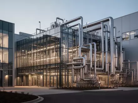 Modernes pharmazeutisches Produktionsgebäude bei Dämmerung mit technischer Infrastruktur und industrieller Architektur. - Foto: über boerse-global.de